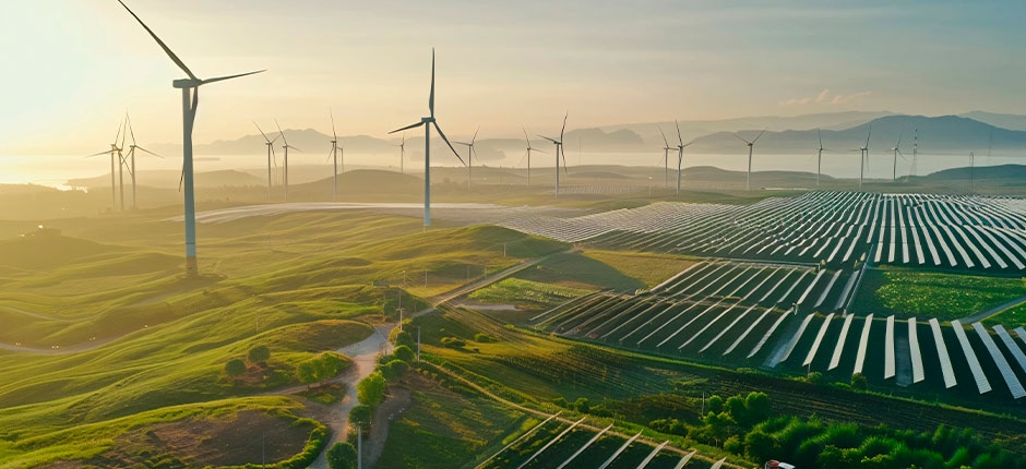 USINAS ÉOLICASE SOLARES EM UMA PAISAGEM COM RIOS E MONTANHAS