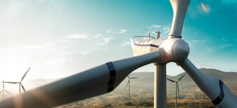 turbina eólica em close-up, com foco no nacelle