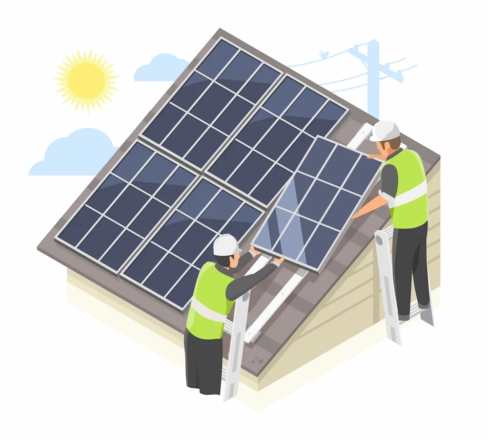 time de instaladores de energia solar realizando a manutenção no telhado de uma residência